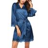 image:imageEkouaer Womens Silk Robe Short Lace Trim Satin Robe 34 Sleeve Sexy Kimono Bride Bathrobe Comfy Sleepwear with PocketsBlue