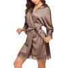 image:imageEkouaer Womens Silk Robe Short Lace Trim Satin Robe 34 Sleeve Sexy Kimono Bride Bathrobe Comfy Sleepwear with PocketsBrown
