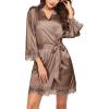 image:imageEkouaer Womens Silk Robe Short Lace Trim Satin Robe 34 Sleeve Sexy Kimono Bride Bathrobe Comfy Sleepwear with PocketsBrown
