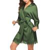 image:imageEkouaer Womens Silk Robe Short Lace Trim Satin Robe 34 Sleeve Sexy Kimono Bride Bathrobe Comfy Sleepwear with PocketsDark Army Green