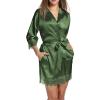 image:imageEkouaer Womens Silk Robe Short Lace Trim Satin Robe 34 Sleeve Sexy Kimono Bride Bathrobe Comfy Sleepwear with PocketsDark Army Green