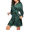 image:imageEkouaer Womens Silk Robe Short Lace Trim Satin Robe 34 Sleeve Sexy Kimono Bride Bathrobe Comfy Sleepwear with PocketsDark Green