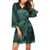 image:imageEkouaer Womens Silk Robe Short Lace Trim Satin Robe 34 Sleeve Sexy Kimono Bride Bathrobe Comfy Sleepwear with PocketsDark Green