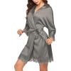 image:imageEkouaer Womens Silk Robe Short Lace Trim Satin Robe 34 Sleeve Sexy Kimono Bride Bathrobe Comfy Sleepwear with PocketsDark Grey