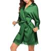image:imageEkouaer Womens Silk Robe Short Lace Trim Satin Robe 34 Sleeve Sexy Kimono Bride Bathrobe Comfy Sleepwear with PocketsDeep Green