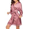 image:imageEkouaer Womens Silk Robe Short Lace Trim Satin Robe 34 Sleeve Sexy Kimono Bride Bathrobe Comfy Sleepwear with PocketsGray Purple