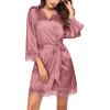 image:imageEkouaer Womens Silk Robe Short Lace Trim Satin Robe 34 Sleeve Sexy Kimono Bride Bathrobe Comfy Sleepwear with PocketsGray Purple