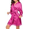 image:imageEkouaer Womens Silk Robe Short Lace Trim Satin Robe 34 Sleeve Sexy Kimono Bride Bathrobe Comfy Sleepwear with PocketsHot Pink