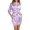 image:imageEkouaer Womens Silk Robe Short Lace Trim Satin Robe 34 Sleeve Sexy Kimono Bride Bathrobe Comfy Sleepwear with PocketsLavender
