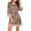 image:imageEkouaer Womens Silk Robe Short Lace Trim Satin Robe 34 Sleeve Sexy Kimono Bride Bathrobe Comfy Sleepwear with PocketsLeopard Apricot
