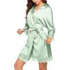 image:imageEkouaer Womens Silk Robe Short Lace Trim Satin Robe 34 Sleeve Sexy Kimono Bride Bathrobe Comfy Sleepwear with PocketsLight Green