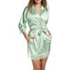 image:imageEkouaer Womens Silk Robe Short Lace Trim Satin Robe 34 Sleeve Sexy Kimono Bride Bathrobe Comfy Sleepwear with PocketsLight Green