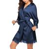 image:imageEkouaer Womens Silk Robe Short Lace Trim Satin Robe 34 Sleeve Sexy Kimono Bride Bathrobe Comfy Sleepwear with PocketsNavy Blue