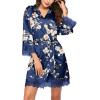 image:imageEkouaer Womens Silk Robe Short Lace Trim Satin Robe 34 Sleeve Sexy Kimono Bride Bathrobe Comfy Sleepwear with PocketsNavy Floral