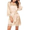 image:imageEkouaer Womens Silk Robe Short Lace Trim Satin Robe 34 Sleeve Sexy Kimono Bride Bathrobe Comfy Sleepwear with PocketsP Apricot