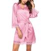 image:imageEkouaer Womens Silk Robe Short Lace Trim Satin Robe 34 Sleeve Sexy Kimono Bride Bathrobe Comfy Sleepwear with PocketsPeach Pink