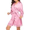 image:imageEkouaer Womens Silk Robe Short Lace Trim Satin Robe 34 Sleeve Sexy Kimono Bride Bathrobe Comfy Sleepwear with PocketsPeach Pink