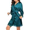 image:imageEkouaer Womens Silk Robe Short Lace Trim Satin Robe 34 Sleeve Sexy Kimono Bride Bathrobe Comfy Sleepwear with PocketsPeacock Blue