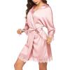 image:imageEkouaer Womens Silk Robe Short Lace Trim Satin Robe 34 Sleeve Sexy Kimono Bride Bathrobe Comfy Sleepwear with PocketsPink