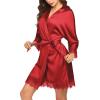 image:imageEkouaer Womens Silk Robe Short Lace Trim Satin Robe 34 Sleeve Sexy Kimono Bride Bathrobe Comfy Sleepwear with PocketsRed