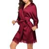 image:imageEkouaer Womens Silk Robe Short Lace Trim Satin Robe 34 Sleeve Sexy Kimono Bride Bathrobe Comfy Sleepwear with PocketsWine Red