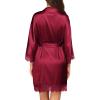 image:imageEkouaer Womens Silk Robe Short Lace Trim Satin Robe 34 Sleeve Sexy Kimono Bride Bathrobe Comfy Sleepwear with PocketsWine Red