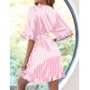 image:imageEkouaer Womens Silk Ruffle Robe Short Satin Kimono Robe Half Sleeve Bathrobe Bridesmaid Wedding Party Dressing GownPink White Stripes