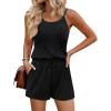 image:imageEkouaer Rompers for Women Summer Casual 2026 Sleeveless Scoop Neck Ribbed Adjustable Shorts Jumpsuit with PocketsBlack