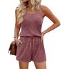 image:imageEkouaer Rompers for Women Summer Casual 2026 Sleeveless Scoop Neck Ribbed Adjustable Shorts Jumpsuit with PocketsMaroon