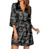 image:imageEkouaer Womens LaceTrim Silk Robes Bride Bridesmaid Kimono Satin Bathrobe V Neck Sleepwear with 34 SleeveBlack Leopard