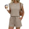 image:imageEkouaer Womens Romper with Pockets Summer Short Jumpsuit Casual Cap Sleeve Drawstring One Piece Lounge Vacation Beach OutfitStone