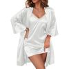 image:imageEkouaer Womens Satin Robe Set Lace Sexy Lingerie Robe Wedding Nightgown 2pcs Cami Bride Party Silk Pajamas SetWhite