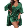 image:imageEkouaer Womens Satin Robe Set Nightgown with Robes Silk Pajama Set 2 Pieces Lingerie Cowl Neck Cami Sleepwear SetsDark Green