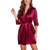 image:imageEkouaer Womens Satin Robe Silk Kimono Bathrobe Bridesmaid Wedding Bridal Party Robes 34 Bell Sleeve Sleepwear SXXLWine Red