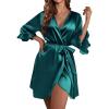 image:imageEkouaer Womens Satin Robe Valentines Lingerie for Women Kimono Bathrobe Short Ruffle Belted Robes Bridesmaids SleepwearDark Green
