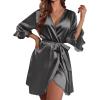 image:imageEkouaer Womens Satin Robe Valentines Lingerie for Women Kimono Bathrobe Short Ruffle Belted Robes Bridesmaids SleepwearDeep Grey