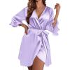 image:imageEkouaer Womens Satin Robe Valentines Lingerie for Women Kimono Bathrobe Short Ruffle Belted Robes Bridesmaids SleepwearLavender