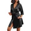 image:imageEkouaer Womens Satin Robes 34 Sleeve Silk Robes Short Kimono Sexy Bride Bathrobes Lace Trim Loungewear with PocketsBlack