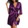 image:imageEkouaer Womens Satin Robes 34 Sleeve Silk Robes Short Kimono Sexy Bride Bathrobes Lace Trim Loungewear with PocketsPurple