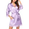 image:imageEkouaer Womens Silk Robe Short Lace Trim Satin Robe 34 Sleeve Sexy Kimono Bride Bathrobe Comfy Sleepwear with PocketsLavender