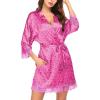 image:imageEkouaer Womens Silk Robe Short Lace Trim Satin Robe 34 Sleeve Sexy Kimono Bride Bathrobe Comfy Sleepwear with PocketsLeopard Pink