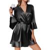 image:imageEkouaer Womens Silk Robes Black Bridesmaids Wedding Robe 34 Sleeve Ruffled Short Bathrobes Kimono Bride Satin Bathrobes Black S