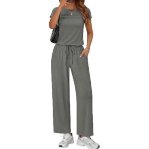 image:imageEkouaer Jumpsuits for Women 2026 Summer Casual Round Neck Pleated Front Womens Rompers With Pockets Vacation OutfitsDark Gray