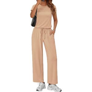 image:imageEkouaer Jumpsuits for Women 2026 Summer Casual Round Neck Pleated Front Womens Rompers With Pockets Vacation OutfitsKhaki