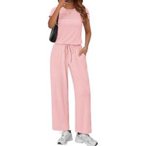 image:imageEkouaer Jumpsuits for Women 2026 Summer Casual Round Neck Pleated Front Womens Rompers With Pockets Vacation OutfitsLight Pink