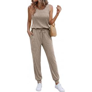 image:imageEkouaer Jumpsuits for Women Casual Summer Sleeveless 2026 Ribbed One Piece Romper Dressy Vacation Clothes Travel OutfitsKhaki