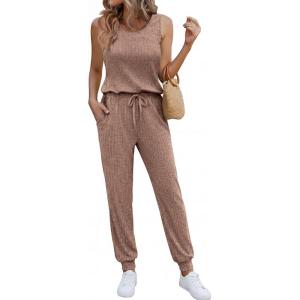 image:imageEkouaer Jumpsuits for Women Casual Summer Sleeveless 2026 Ribbed One Piece Romper Dressy Vacation Clothes Travel OutfitsLight Brown