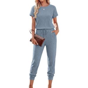 image:imageEkouaer Jumpsuits for Women Dressy Summer Romper Ribbed Knit Casual Travel Outfits 2026 Vacation Beach ClothesBlue