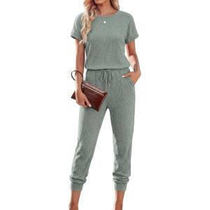 image:imageEkouaer Jumpsuits for Women Dressy Summer Romper Ribbed Knit Casual Travel Outfits 2026 Vacation Beach ClothesCeladon Green