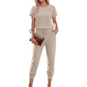 image:imageEkouaer Jumpsuits for Women Dressy Summer Romper Ribbed Knit Casual Travel Outfits 2026 Vacation Beach ClothesCoffee